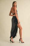 Halter Sequin Feather Midi Dress Black