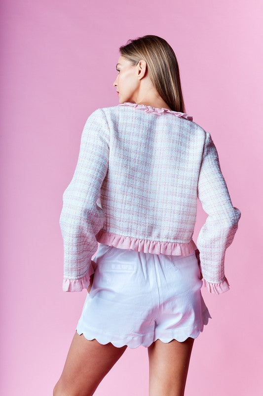 Long Sleeve Ruffle Bow Tie Tweed Jacket Pink