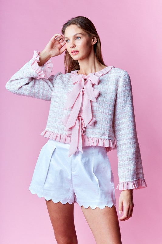 Long Sleeve Ruffle Bow Tie Tweed Jacket Pink