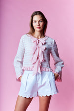 Long Sleeve Ruffle Bow Tie Tweed Jacket Pink