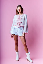 Long Sleeve Ruffle Bow Tie Tweed Jacket Pink