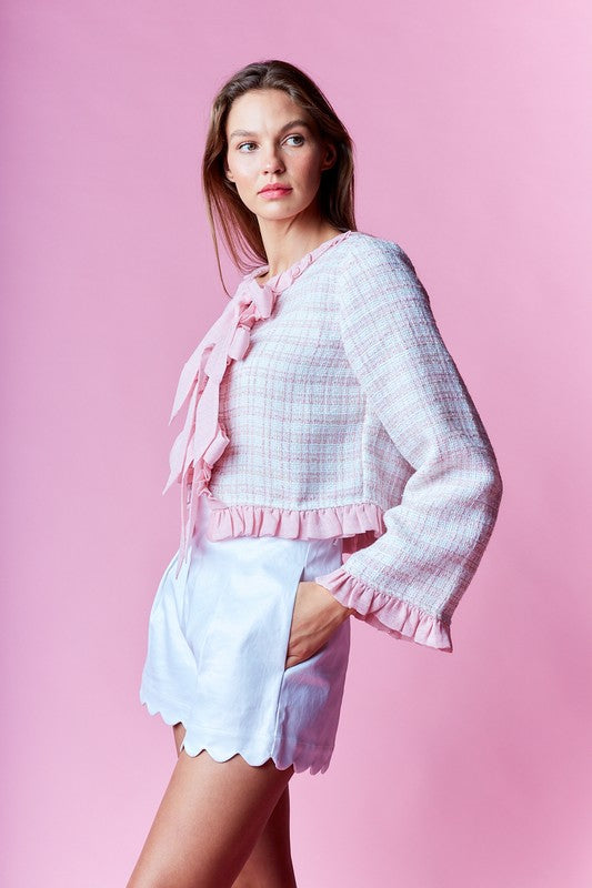 Long Sleeve Ruffle Bow Tie Tweed Jacket Pink