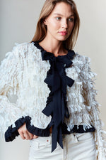 Long Sleeve Bow Tie Fringed Jacket Ivory