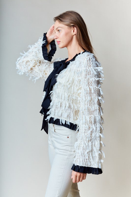 Long Sleeve Bow Tie Fringed Jacket Ivory