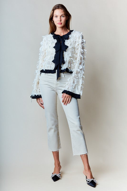 Long Sleeve Bow Tie Fringed Jacket Ivory