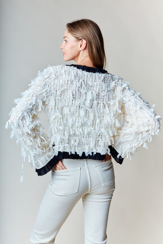 Long Sleeve Bow Tie Fringed Jacket Ivory