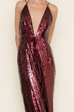 Sleeveless Deep Neck Halter Sequin Wide Leg Jumpsuit Burgundy