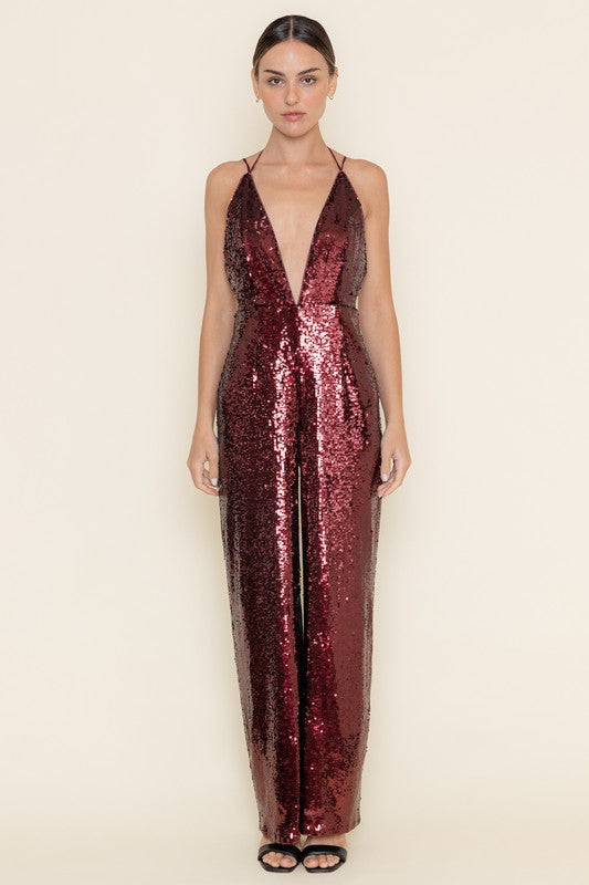 Sleeveless Deep Neck Halter Sequin Wide Leg Jumpsuit Burgundy