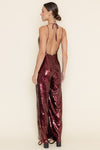 Sleeveless Deep Neck Halter Sequin Wide Leg Jumpsuit Burgundy