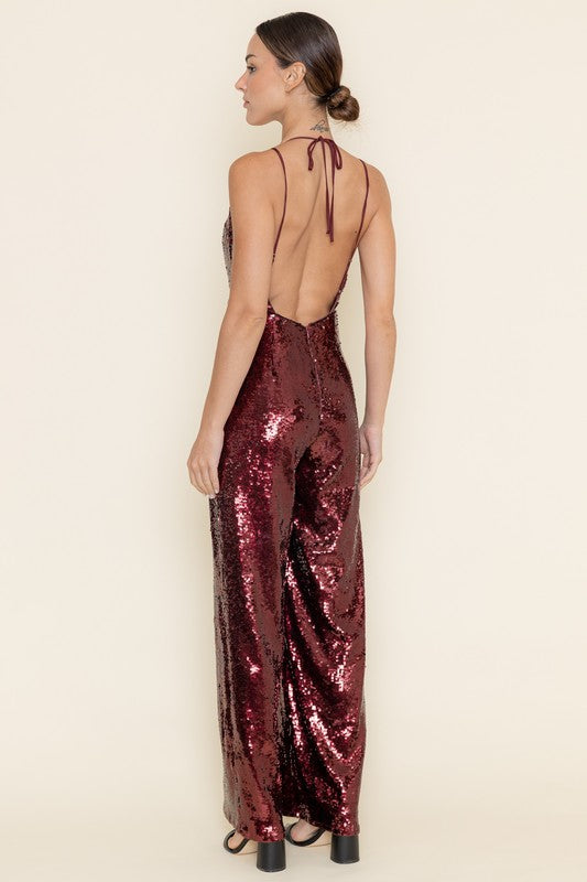 Sleeveless Deep Neck Halter Sequin Wide Leg Jumpsuit Burgundy