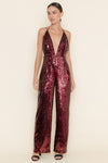 Sleeveless Deep Neck Halter Sequin Wide Leg Jumpsuit Burgundy