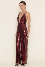 Sleeveless Deep Neck Halter Sequin Wide Leg Jumpsuit Burgundy