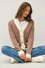 Long Sleeve Button Down Contrast Knit Cardigan Taupe