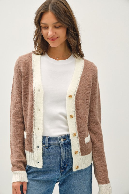 Long Sleeve Button Down Contrast Knit Cardigan Taupe