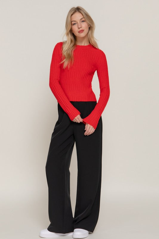 Long Sleeve Ribbed Sweater Top Red