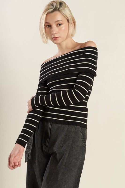 Long Sleeve Off The Shoulder Stripe Print Sweater Top Black