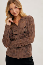 Long Sleeve Button Down Crochet Cardigan Top Brown