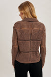 Long Sleeve Button Down Crochet Cardigan Top Brown