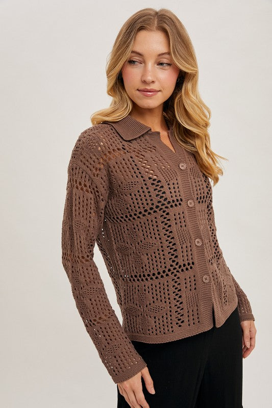 Long Sleeve Button Down Crochet Cardigan Top Brown