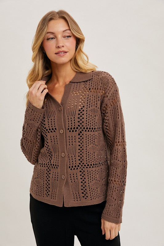 Long Sleeve Button Down Crochet Cardigan Top Brown