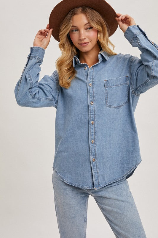 Long Sleeve Button Down Denim Top Light Wash