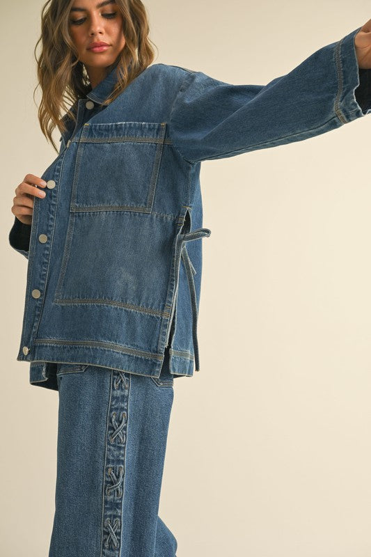  Long Sleeve Side Tie Oversized Denim Jacket Dark Wash