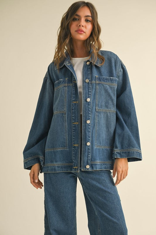  Long Sleeve Side Tie Oversized Denim Jacket Dark Wash