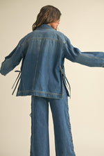  Long Sleeve Side Tie Oversized Denim Jacket Dark Wash