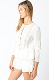 3/4 Ruffle Sleeve Front Tie Eyelet Top White