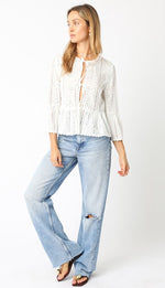 3/4 Ruffle Sleeve Front Tie Eyelet Top White