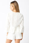 3/4 Ruffle Sleeve Front Tie Eyelet Top White