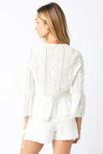 3/4 Ruffle Sleeve Front Tie Eyelet Top White