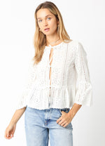 3/4 Ruffle Sleeve Front Tie Eyelet Top White