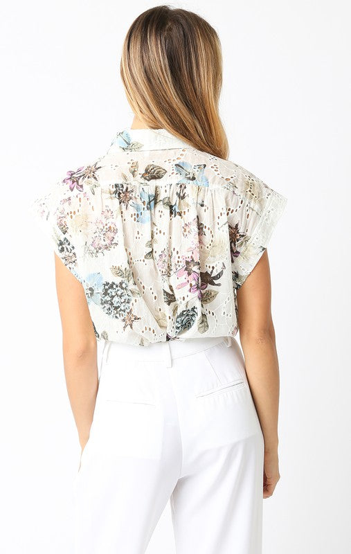 Short Sleeve Button Down Eyelet Floral Print Top Natural