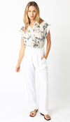 Short Sleeve Button Down Eyelet Floral Print Top Natural