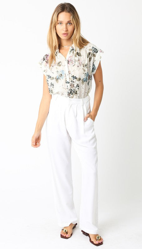 Short Sleeve Button Down Eyelet Floral Print Top Natural