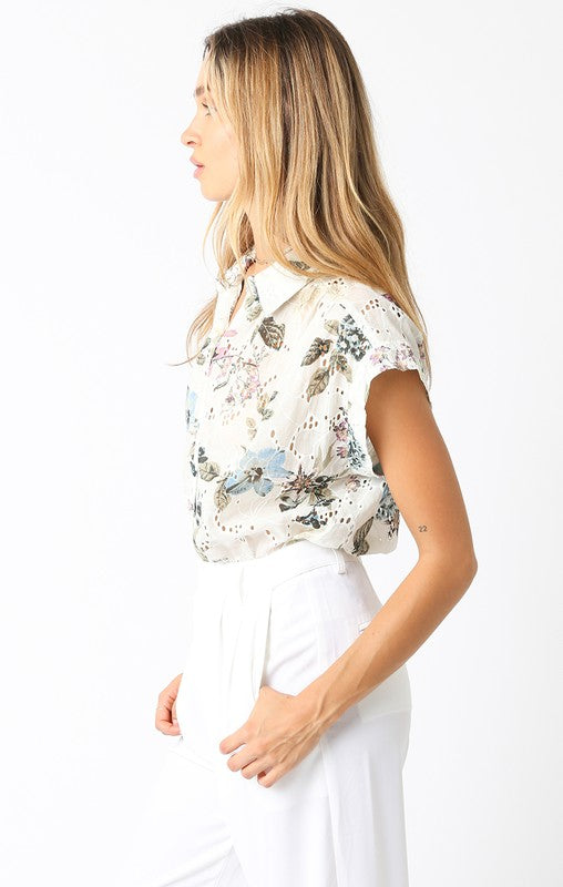 Short Sleeve Button Down Eyelet Floral Print Top Natural