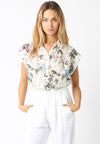 Short Sleeve Button Down Eyelet Floral Print Top Natural