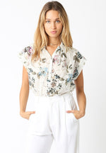 Short Sleeve Button Down Eyelet Floral Print Top Natural