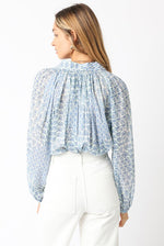 Long Sleeve Button Down Abstract Print Blouse Blue