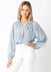 Long Sleeve Button Down Abstract Print Blouse Blue