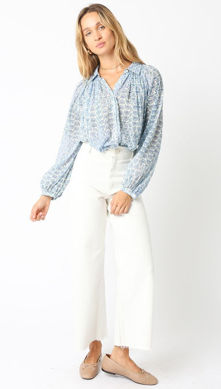 Long Sleeve Button Down Abstract Print Blouse Blue