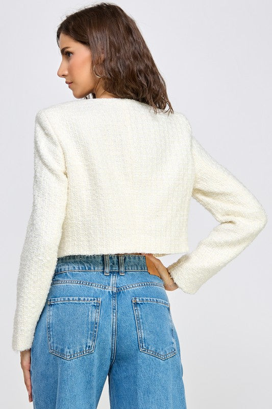  Long Sleeve Tweed Cropped Jacket Ivory