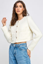  Long Sleeve Tweed Cropped Jacket Ivory