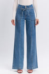 High Rise Waist Tie Wide Leg Jeans Medium Wash