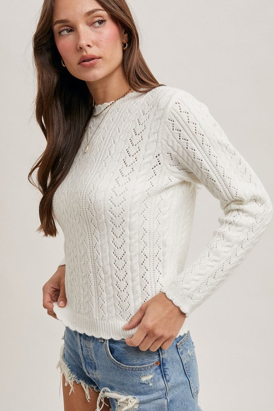 Long Sleeve Scallop Edge Open Knit Sweater Top White