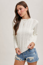 Long Sleeve Scallop Edge Open Knit Sweater Top White