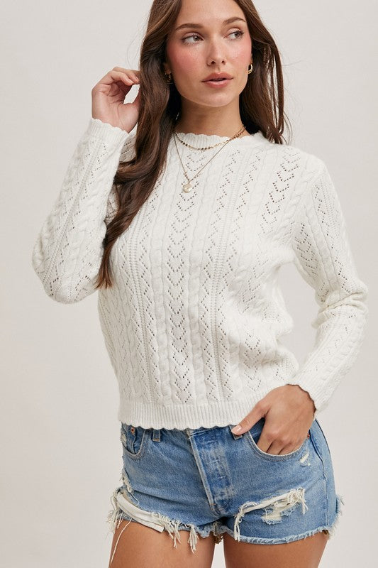 Long Sleeve Scallop Edge Open Knit Sweater Top White