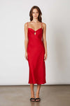  Sleeveless Chest Cut Out Satin Midi Dress Red