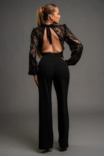 Long Sleeve Mock Neck Back Tie Lace Wide Leg Jumpsuit Black